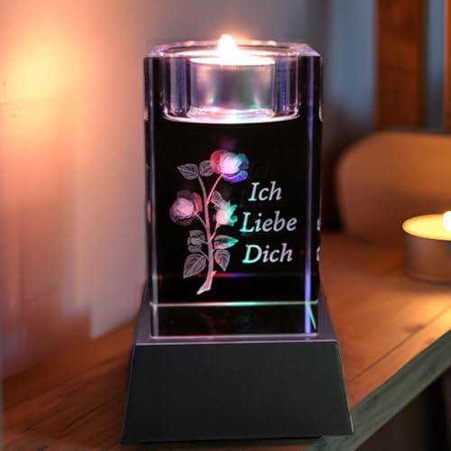 Kaltner Präsente Stimmungslicht LED Kerze/Kristall Glasblock / 3D-Laser-Gravur Teelicht Teelichthalter Rose - Ich Liebe Dich mit LED Beleuchtung von Kaltner Präsente