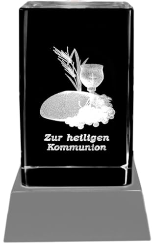 Kaltner Präsente Stimmungslicht – EIN ganz besonderes Geschenk: LED Kerze/Kristall Glasblock / 3D-Laser-Gravur Motiv Glaube Schriftzug ZUR HEILIGEN Kommunion von Kaltner Präsente