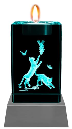Kaltner Präsente Stimmungslicht - Das perfekte Katzen Geschenk: LED Kerze/Kristall Glasblock / 3D-Laser-Gravur Teelichthalter Katzen Kerzenhalter Katze, Katzen Figur, Katzen Deko von Kaltner Präsente