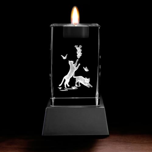 Kaltner Präsente Stimmungslicht - Das perfekte Katzen Geschenk: LED Kerze/Kristall Glasblock / 3D-Laser-Gravur Teelichthalter Katzen Kerzenhalter Katze, Katzen Figur, Katzen Deko von Kaltner Präsente