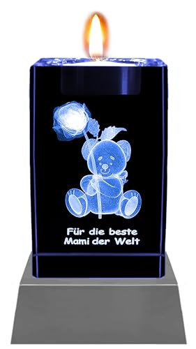 Kaltner Präsente Stimmungslicht - EIN ganz besonderes Geschenk: LED Kerze/Kristall Glasblock / 3D-Laser-Gravur Teelichthalter Teddy Rose Beste Mami der Welt von Kaltner Präsente