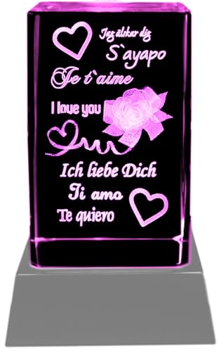 Kaltner Präsente Stimmungslicht - Ein ganz besonderes Geschenk: LED Kerze/Kristall Glasblock / 3D-Laser-Gravur/Ich liebe Dich/ti amo/te quiero/I love you/Je t`aime/a´ayapo von Kaltner Präsente