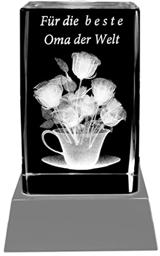 Kaltner Präsente Stimmungslicht – Ein ganz besonderes Geschenk: LED Kerze/Kristall Glasblock / 3D-Laser-Gravur Blumen BESTE OMA DER WELT zu Weihnachten, Geburtstag, Valentinstag, Muttertag von Kaltner Präsente