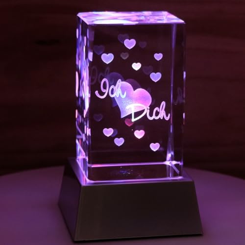 Kaltner Präsente Stimmungslicht - Das perfekte Geschenk: Kristall Glasblock mit 3D Gravur/Ich liebe dich Geschenke für Frauen, Männer/Jahrestag Geschenk für Sie, Ihn/Gravur Herz/Nachtlicht von Kaltner Präsente