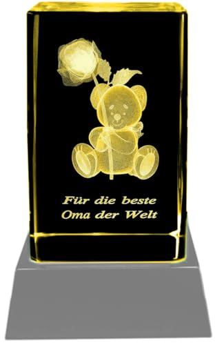 Kaltner Präsente Stimmungslicht – Ein ganz besonderes Geschenk: LED Kerze/Kristall Glasblock / 3D-Laser-Gravur Teddy Rose/Für die beste Oma der Welt von Kaltner Präsente