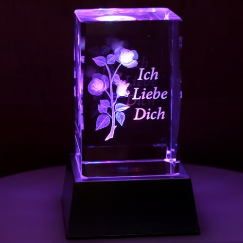 Kaltner Präsente Stimmungslicht - Ein ganz besonderes Geschenk: LED Kerze / Kristall Glasblock / 3D-Laser-Gravur Motiv Romantik Rose Ich liebe Dich von Kaltner Präsente