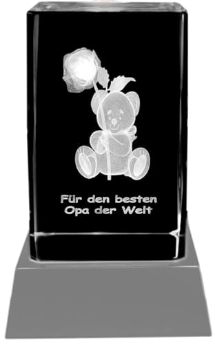 Kaltner Präsente Stimmungslicht – Ein ganz besonderes Geschenk: LED Kerze/Kristall Glasblock / 3D-Laser-Gravur Teddy Rose/Für den besten Opa der Welt von Kaltner Präsente