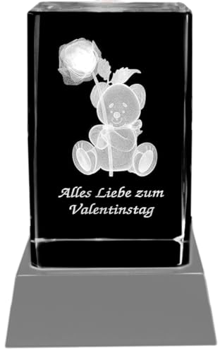 Kaltner Präsente Stimmungslicht – Ich liebe dich Geschenk, Valentinstagsgeschenk: LED Kerze: LED Kerze/Kristall Glasblock / 3D-Laser-Gravur Valentin Motiv Teddy Rose ALLES LIEBE ZUM VALENTINSTAG von Kaltner Präsente