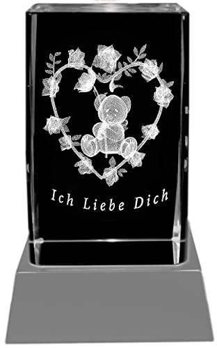 Kaltner Präsente Stimmungslicht LED Kerze/Kristall Glasblock / 3D-Laser-Gravur Teddy Rose Herz - Ich Liebe Dich von Kaltner Präsente