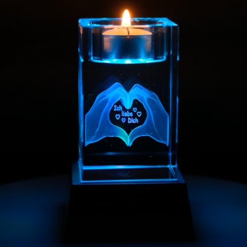 Kaltner Präsente Stimmungslicht Kristall Glasblock mit 3D Gravur/Ich Liebe Dich Geschenke für Frauen, Männer/Jahrestag Geschenk für Sie, Ihn/Gravur Herz/Teelichthalter von Kaltner Präsente