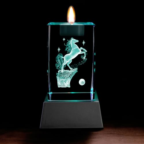 Kaltner Präsente Stimmungslicht LED Kerze/Kristall Glasblock / 3D-Laser-Gravur Teelichthalter Tiere Pferde von Kaltner Präsente