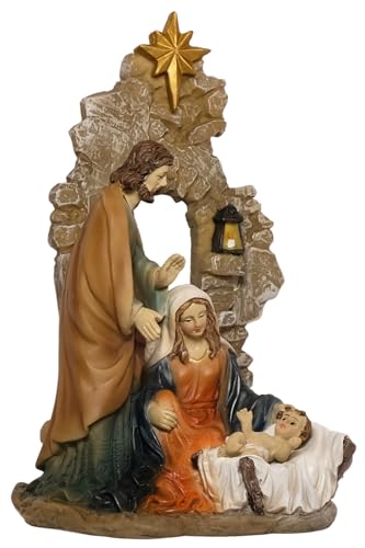 Kaltner Präsente Weihnachtskrippe, Krippenblock Heilige Familie in Grotte, Familienblock Krippe aus Kunststein Handbemalt, Traditionelles Design (Höhe 20 cm) von Kaltner Präsente