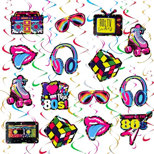 80er Thema Party Deko,Kaluofan 38 Stk 80er Jahre Deko,80er Deko Luftschlangen Geburtstag Wirbel Hängedeko Bunte,Neon Party Deko Hip Hop für Erwachsene 80s Jahre Rock Disco Retro Party Deko Zubehör von Kaluofan