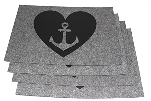 KAMACA 4er Set Tischsets Platzsets Platzmatten aus Filz MARITIM abwaschbar Platzdeckchen grau Eyecatcher (4er Set Filz Anker grau) von KAMACA