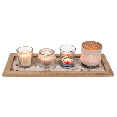 KAMACA Teelichthalter Windlicht-Tablett Set mit Holzteller und Glas Kerzenhaltern Dekosteine tolle Deko Geschenkset (Ocean Style) von KAMACA