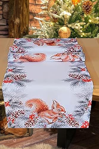 KAMACA Tischläufer 40x140 cm rechteckig hochwertige Tischwäsche mit Tannenzapfen pflegeleicht, strapazierfähig, maschinenwaschbar dekorative Herbst-Tischdeko (Eichhörnchen mit Nuss) von KAMACA