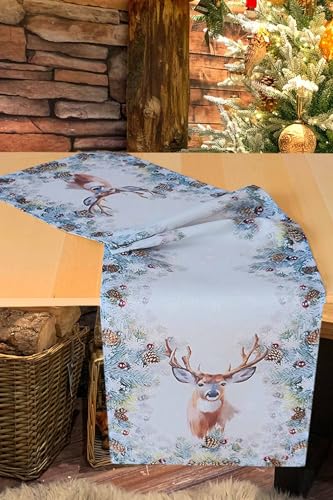 KAMACA Tischläufer 40x140 cm mit hochwertigem Druck-Motiv Küche Esstisch Eyecatcher Herbst Winter Weihnachten (Hirsch im Wald) von KAMACA