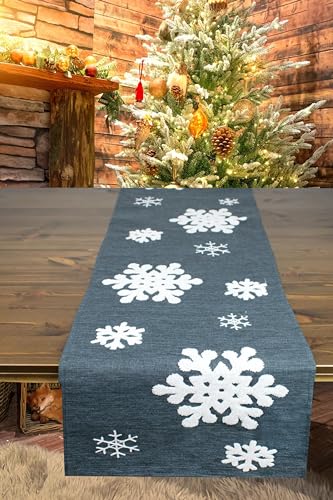 KAMACA XL Tischläufer 30x170 cm grau mit beflockten Schneeflocken Küche Esstisch Tisch Dekoration Eyecatcher Herbst Winter Weihnachten (Eiskristalle 30x170) von KAMACA