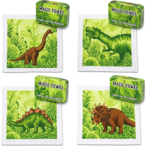 KAMACA 4er Set Magische Handtücher Dinosaurier – Zauberhandtuch für Kinder | Magic Towel Baumwolle | Mitgebsel Kindergeburtstag, Geschenkidee, Reisen, Schule, Sport (4 er Dino 30x30 cm) von KAMACA