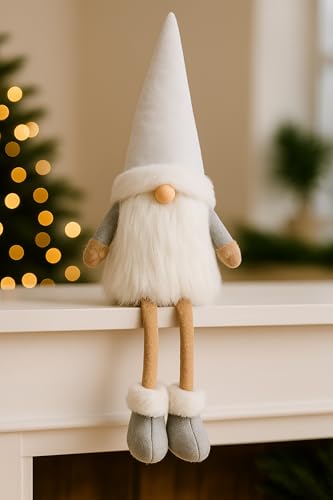 KAMACA Deko Wichtel Weihnachtswichtel Kantenhocker aus Stoff Skandinavische Weihnachtsdeko Wichtelfigur Regal Kamin Fensterbankoder Geschenk Winter Weihnachten (Kantenhocker Weiss 18x64x12) von KAMACA