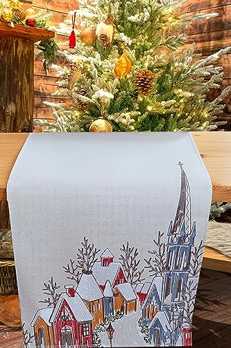 KAMACA Tischläufer 40x140 cm mit filigraner Stickerei Küche Esstisch Tisch Dekoration Eyecatcher in Herbst Winter Weihnachten (Dorf mit Kirche) von KAMACA