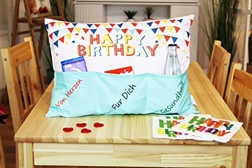 KAMACA Originelles Dekokissen Kissen mit 3 Taschen zum selber Befüllen Größe 30x50 cm tolles Geschenk Geburtstag (Happy Birthday - 30x50 cm) von KAMACA