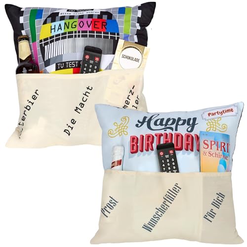 KAMACA Originelles Dekokissen Wendekissen Kissen mit 3 Taschen zum selber Befüllen Größe 43x43 cm tolles Geschenk (Birthday + Hangover) von KAMACA