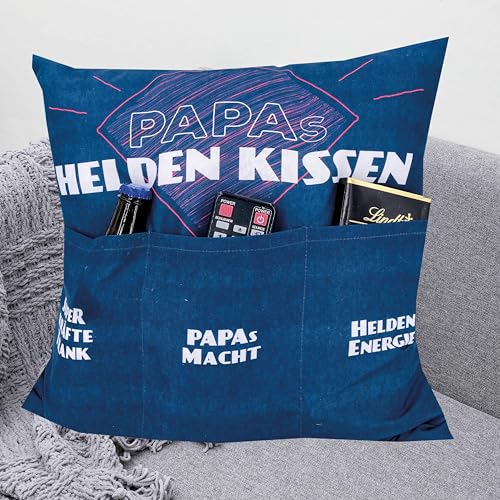 KAMACA Originelles Dekokissen Kissen mit 3 Taschen zum selber Befüllen Größe 43x43 cm tolles Geschenk für EIN gelungenen Sofaabend Filmabend (Papas Heldenkissen) von KAMACA