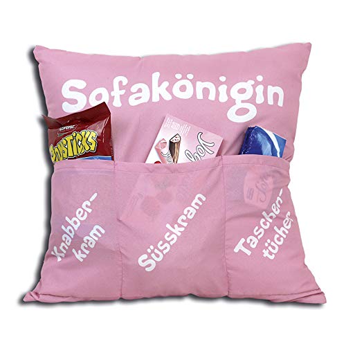 KAMACA Originelles Dekokissen Kissen mit 3 Taschen zum selber Befüllen Größe 43x43 cm tolles Geschenk für EIN gelungenen Sofaabend Filmabend (Sofakönigin) von KAMACA