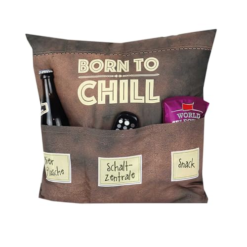 KAMACA Originelles Dekokissen Kissen mit 3 Taschen zum selber Befüllen Größe 43x43 cm tolles Geschenk für EIN gelungenen Sofaabend Filmabend (Born to chill) von KAMACA