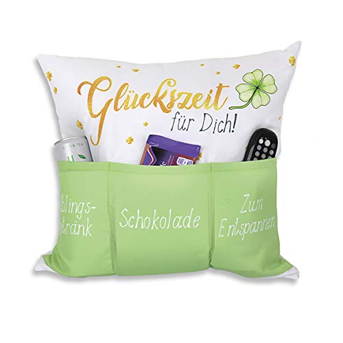 KAMACA Originelles Dekokissen Kissen mit 3 Taschen zum selber Befüllen Größe 43x43 cm tolles Geschenk für EIN gelungenen Sofaabend Filmabend (Glückszeit) von KAMACA