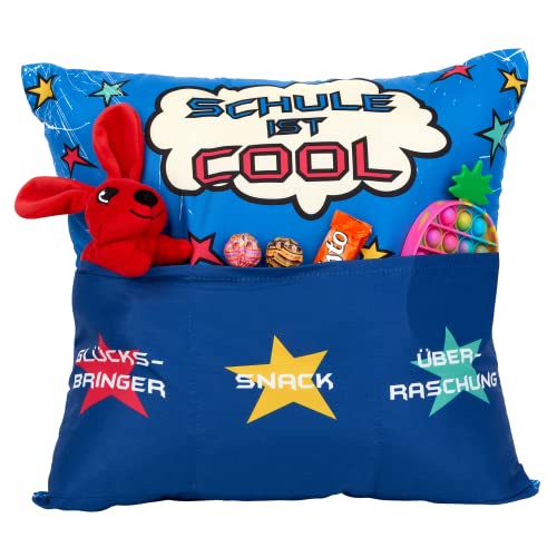 KAMACA Originelles Dekokissen Kissen mit 3 Taschen zum selber Befüllen Größe 43x43 cm tolles Geschenk für Einschulung Schulwechsel (Schule ist cool) von KAMACA