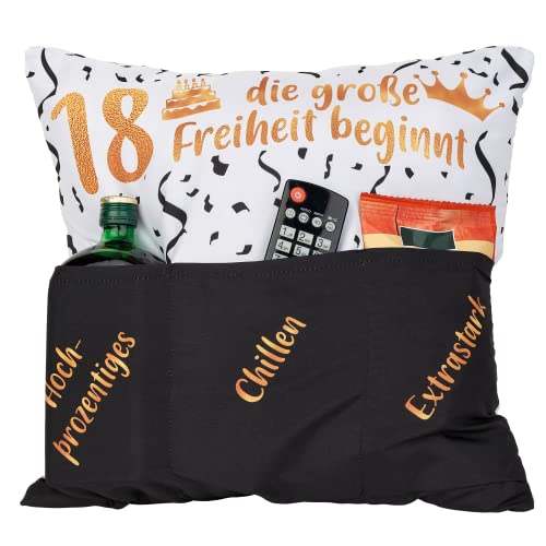 KAMACA Originelles Dekokissen Kissen mit 3 Taschen zum selber Befüllen Größe 43x43 cm tolles Geschenk zum Geburtstag (18. Geburtstag) von KAMACA