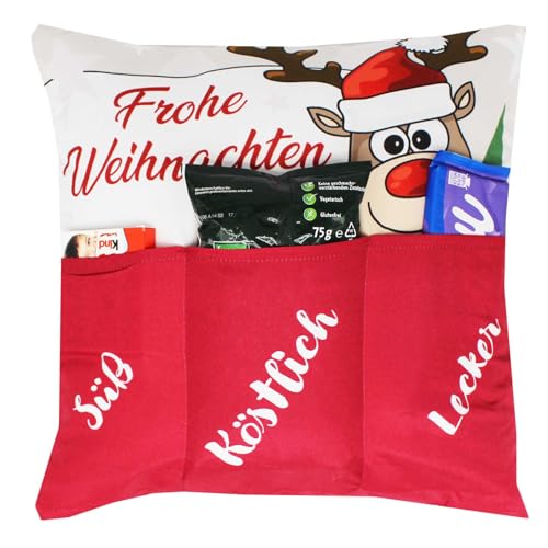 KAMACA Originelles Dekokissen Weihnachtskissen Kissen mit 3 Taschen zum selber Befüllen Größe 43x43 cm tolles Geschenk Weihnachten Nikolaus (Elch Ole) von KAMACA