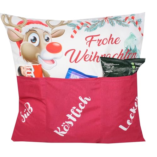 KAMACA Originelles Dekokissen Weihnachtskissen Kissen mit 3 Taschen zum selber Befüllen Größe 43x43 cm tolles Geschenk Weihnachten Nikolaus (Rentier Rudi) von KAMACA