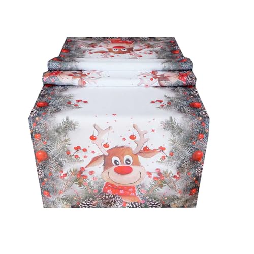 KAMACA Tischläufer 40x140 cm mit hochwertigem Druck-Motiv Küche Esstisch Eyecatcher Herbst Winter Weihnachten (Elch mit roter Nase) von KAMACA