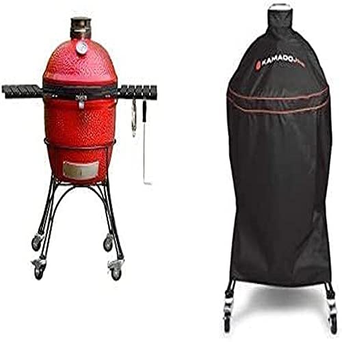 Kamado Joe - Klassisch Joe II 18-Zoll-Holzkohlegrill in Rot mit Wagen, Seitenablagen, Grillzange und Aschenbecher + KJ-GC23BWFS Grillabdeckung, schwarz von Kamado Joe