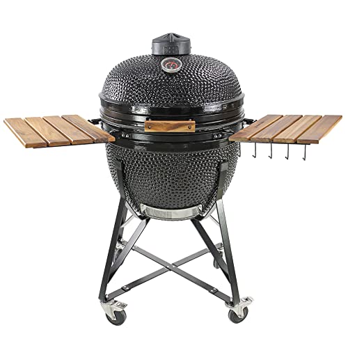 Kamado SUMO Grill 63cm Holzkohlegrill im Freien - Keramikgrill mit Wagen Thermometer Holzgriffe und Seitenablagen, Ceramic Grill perfekt für BBQ Burger Pizza, Schwarz von Kamado SUMO