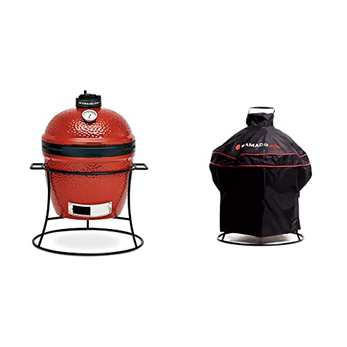 Kamado Joe - Joe Jr. 13,5 Zoll tragbarer Holzkohlegrill in Rot mit gusseisernem Ständer, Hitzeabweiser und Aschenbecher + Grillabdeckung, schwarz von Kamado Joe
