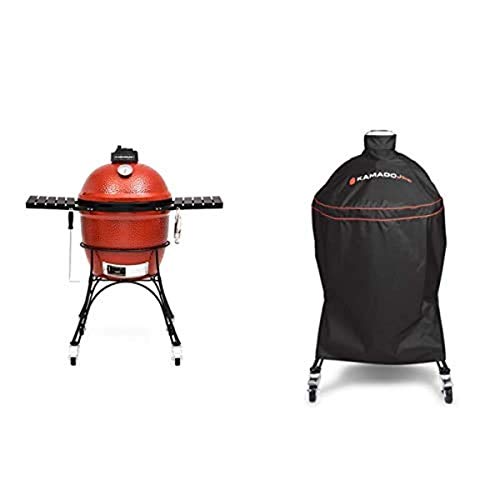 Kamado Joe - Klassisch Joe I 18-Zoll-Holzkohlegrill in Rot mit Wagen, Seitenablagen, Grillzange und Aschenbecher + KJ-GC23BWFS Grillabdeckung, schwarz von Kamado Joe