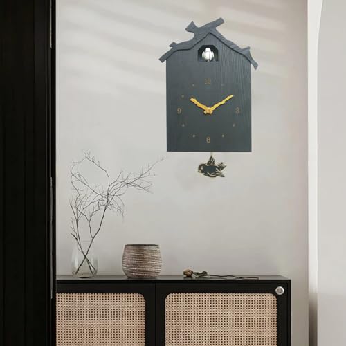 Kamanan Cuckoo Kuckucksuhr mit Vogelstimme, Modern Pendeluhr Wanduhr mit Nachtruhefunktion, Moderne Kuckucksuhr mit Pendel, Batteriebetrieben Moderne Schwarzwalduhr Heimdekoration von Kamanan