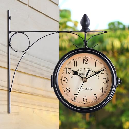 Kamanan Garten Wanduhr, Ø12cm Runde Doppelseitige Wanduhr Stille Metall Wanduhren Eisen Retro Uhr Zweiseitige Bahnhofsuhr Wetterfest Dekorative Wanduhr mit Halterung für Outdoor Veranda Wohnzimmer von Kamanan