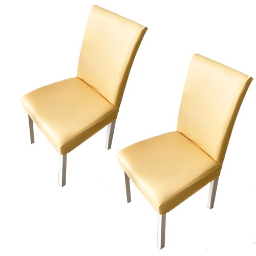 Kamanan Stretch Universell Stuhl Husse,Wasserdichtes Pu Leder Stretch,Esszimmer Stuhlhussen 2er Set,Pflegeleichte Waschbarer Stühle Schutz,Kunstleder Wasserdicht Dehnbarer Schutzbezug(gelb) von Kamanan