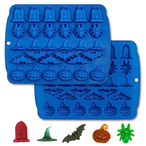 Kamehame Halloween Backform Silikonform Pralinenform Silikon 2 Stück 30er Schokoladenform Totenkopf Kürbis Geist Fledermaus Hexe Hut Grabstein Bakcform für DIY Halloween Schokolade, Süßigkeiten, Gelee von Kamehame