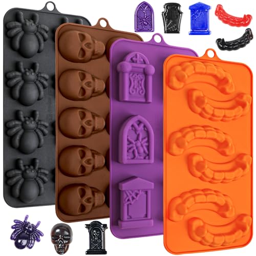 Kamehame Silikonform Halloween Backform Silikon 4 Stück Schokoladenformen Silikonform Totenkopf Spinne Zahn Grabstein Form für Schokolade, Süßigkeiten, Gelee von Kamehame