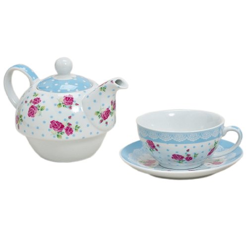 Tea for one Set 3-teilig Porzellan Teekanne mit Tasse und Untertasse mit Rosen und Blumen Motiv (Blau) von Unbekannt