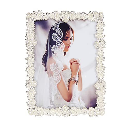 12,7 x 17,8 cm Bilderrahmen mit Perle für Hochzeit, versilberter Bilderrahmen mit High-Definition-Echtglasrahmen mit Strasssteinen, 12,7 x 17,8 cm Rahmen für Hochzeitsgeschenk, Tischplatte oder 12,7 x 17,8 cm Bilderrahmen mit Perle für Hochzeit, versilberter Bilderrahmen mit High-Definition-Echtglasrahmen mit Strasssteinen, 12,7 x 17,8 cm Rahmen für Hochzeitsgeschenk, Tischplatte oder von Kamiaha