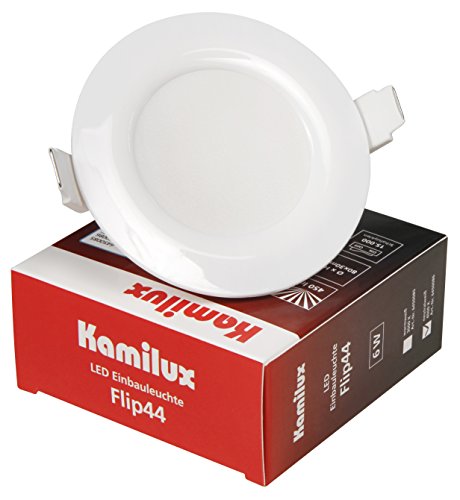 3 x Flache LED Möbeleinbauleuchte Flip IP44 6Watt, Lichtfarbe warmweiß, 3000 Kelvin, Farbe: Weiß 230V -Anschluß, flache Einbautiefe 30mm von Kamilux