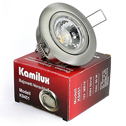 5er Set Einbaustrahler/Spot Bajo in Edelstahl-gebürstet, Halogen oder LED geeignet, inkl. GU10 Fassung und MR16 Fassung, 12Volt oder 230V, ohne Leuchtmittel von Kamilux