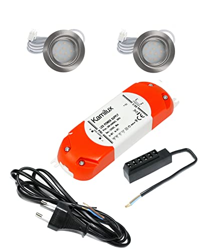Kamilux 2er Set LED Möbeleinbauleuchte Luisa 12Volt 2,4Watt inkl. Anschlusskabel mit Stecker Farbe: Edelstahl geb. Lichtfarbe: Warmweiss inkl. Trafo und 230V Zuleitung von Kamilux